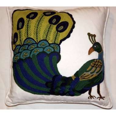 Crewel Pillow Peacock Design on white Cotton Fabric